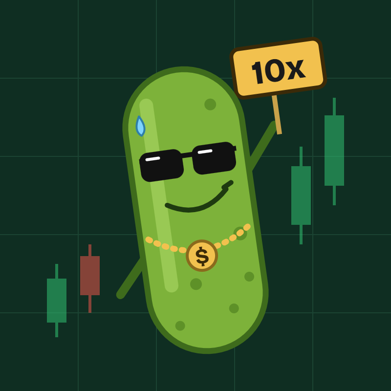 LeveragedPickle mascot: a pickle in sunglasses holding a 10x sign